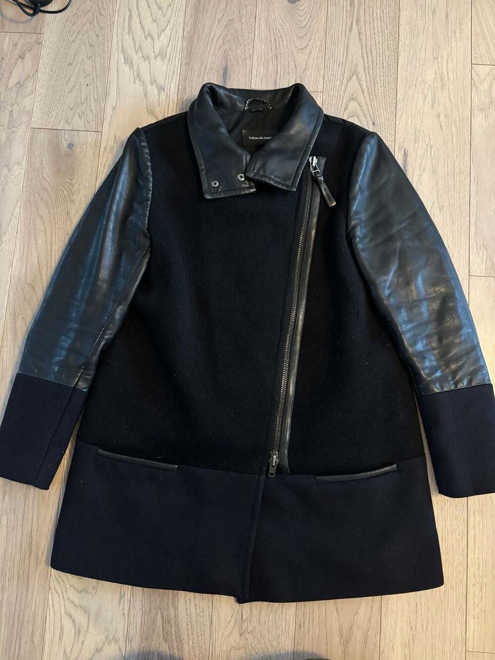 Mackage Black Wool and Leather Biker Style Coat